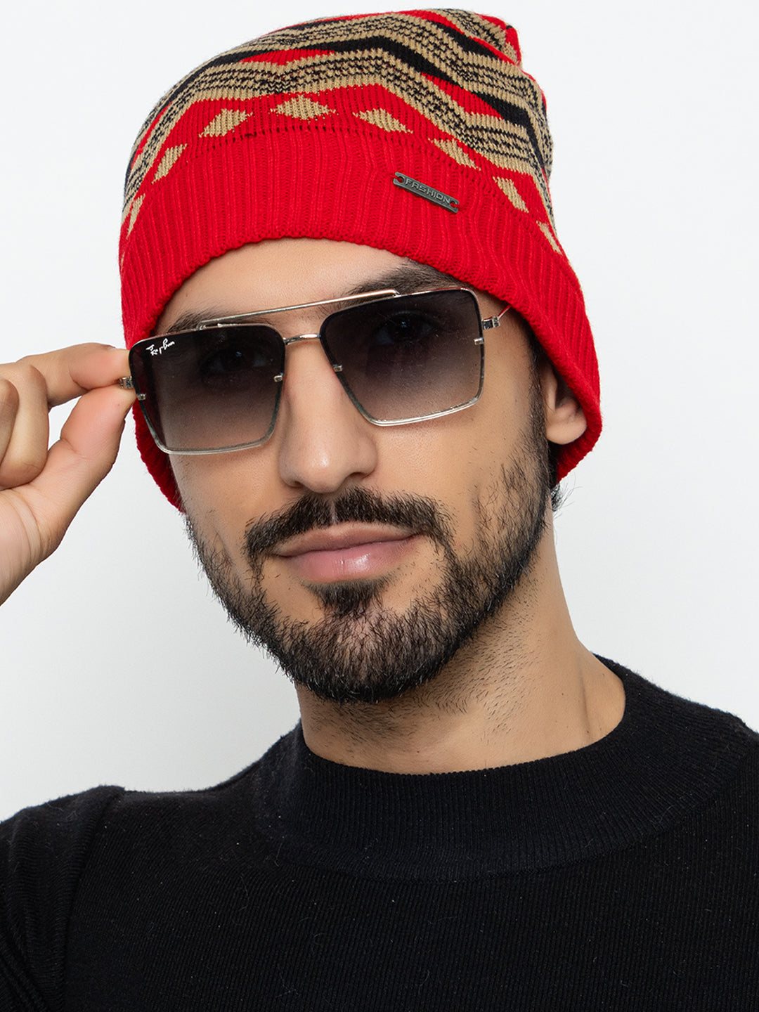 Unisex Winter Woolen Zig-zag Beanie cap- Red