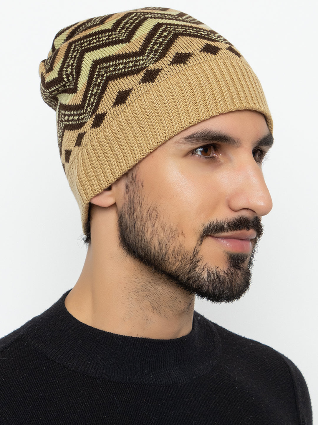 Unisex Winter Woolen Zig-zag Beanie cap- Beige