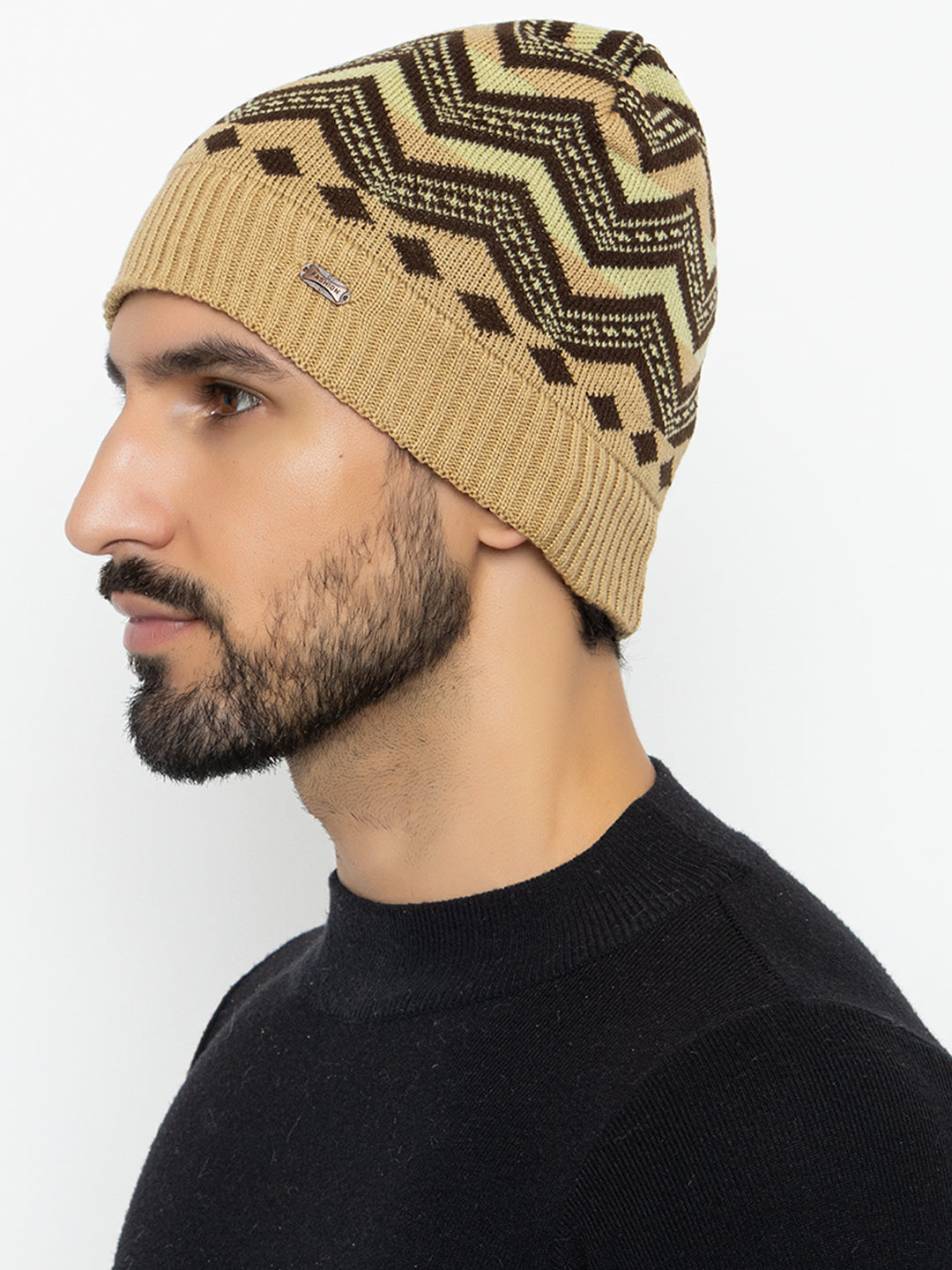 Unisex Winter Woolen Zig-zag Beanie cap- Beige