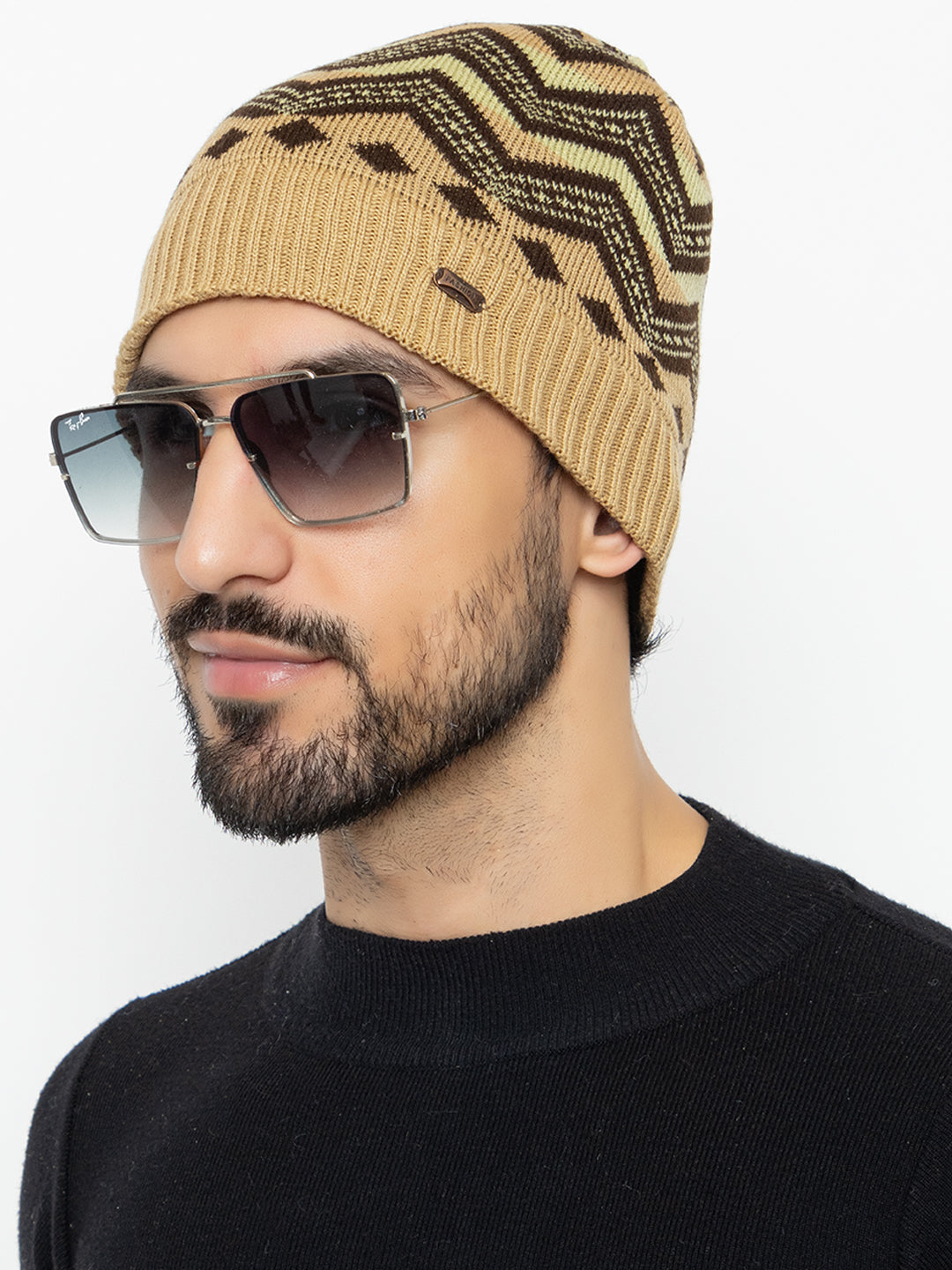 Unisex Winter Woolen Zig-zag Beanie cap- Beige