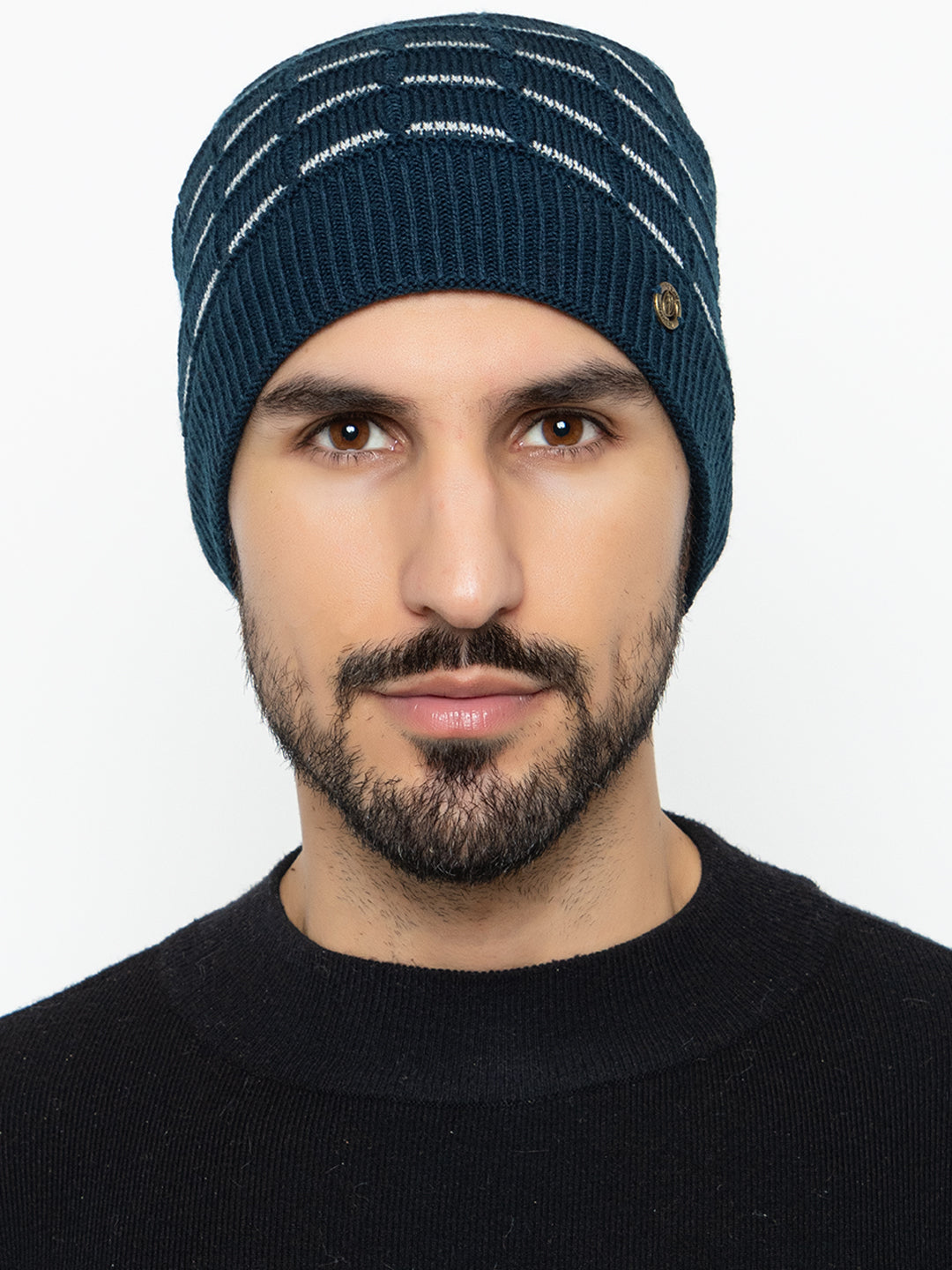 Amoldo unisex Soft and Warm Navy Blue Winter Woolen Skull Beanie cap with Fur Lining (Brick Design)