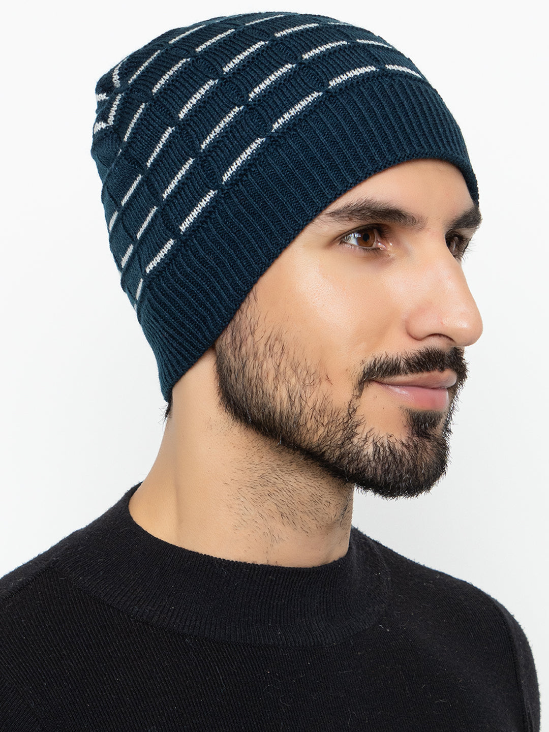 Amoldo unisex Soft and Warm Navy Blue Winter Woolen Skull Beanie cap with Fur Lining (Brick Design)