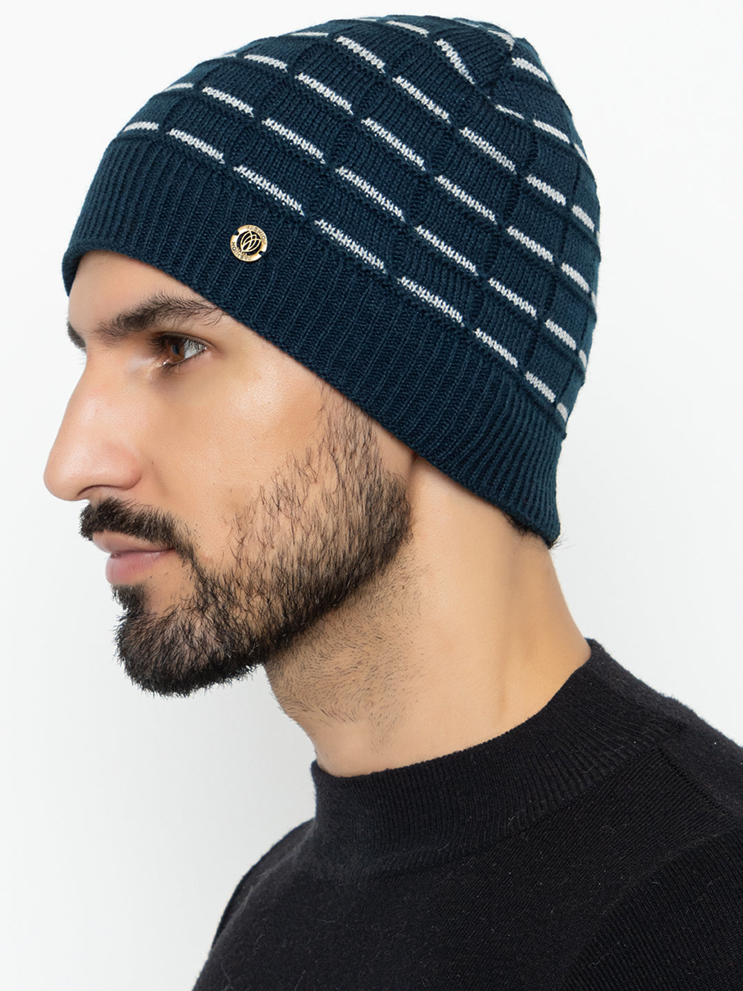 Amoldo unisex Soft and Warm Navy Blue Winter Woolen Skull Beanie cap with Fur Lining (Brick Design)