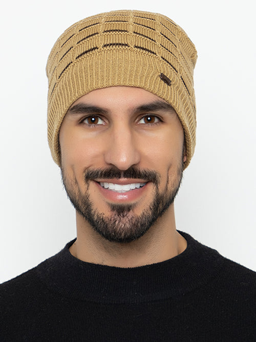 Amoldo unisex Soft and Warm Beige Winter Woolen Skull Beanie cap with Fur Lining (Brick Design)