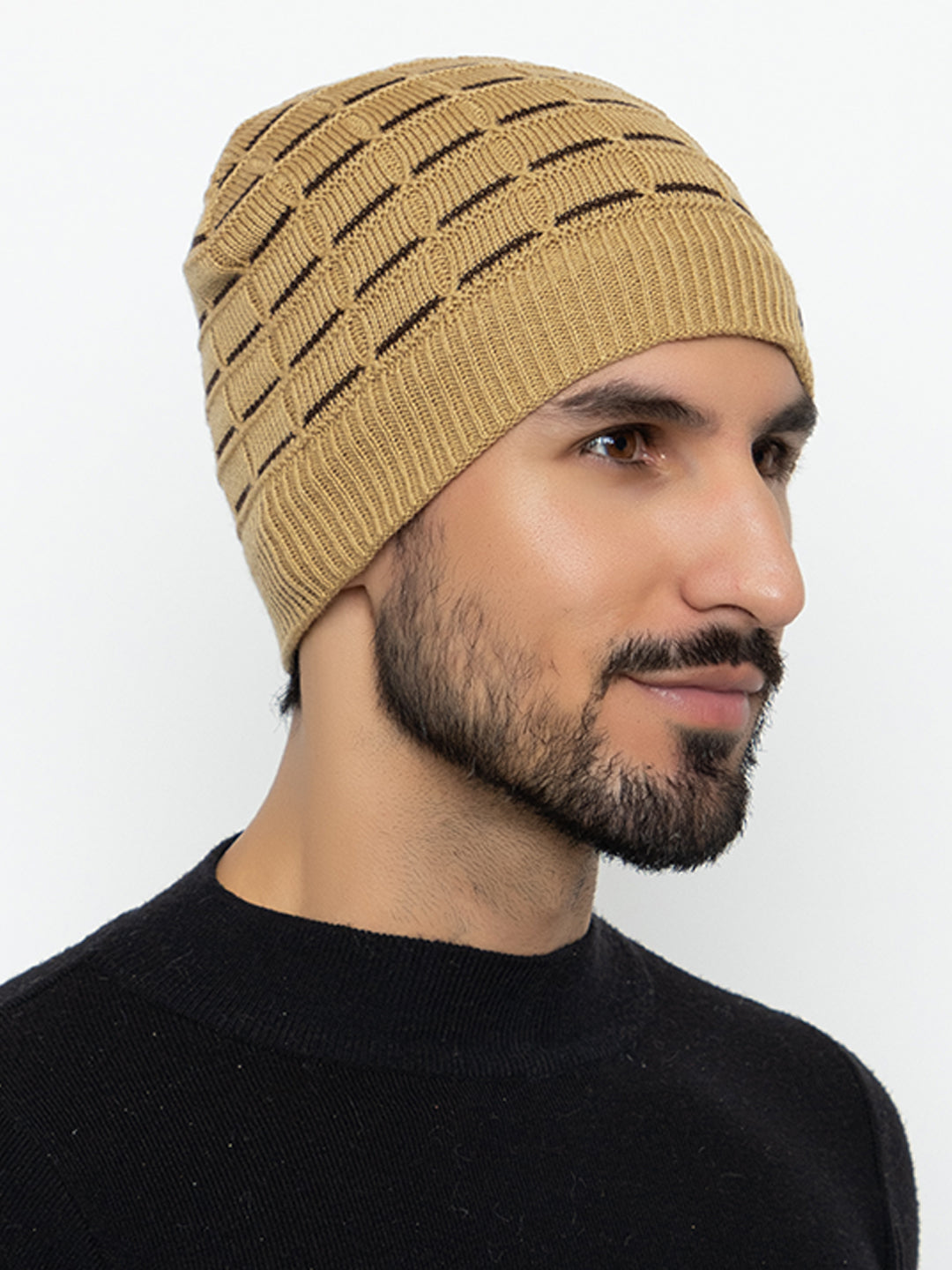 Amoldo unisex Soft and Warm Beige Winter Woolen Skull Beanie cap with Fur Lining (Brick Design)