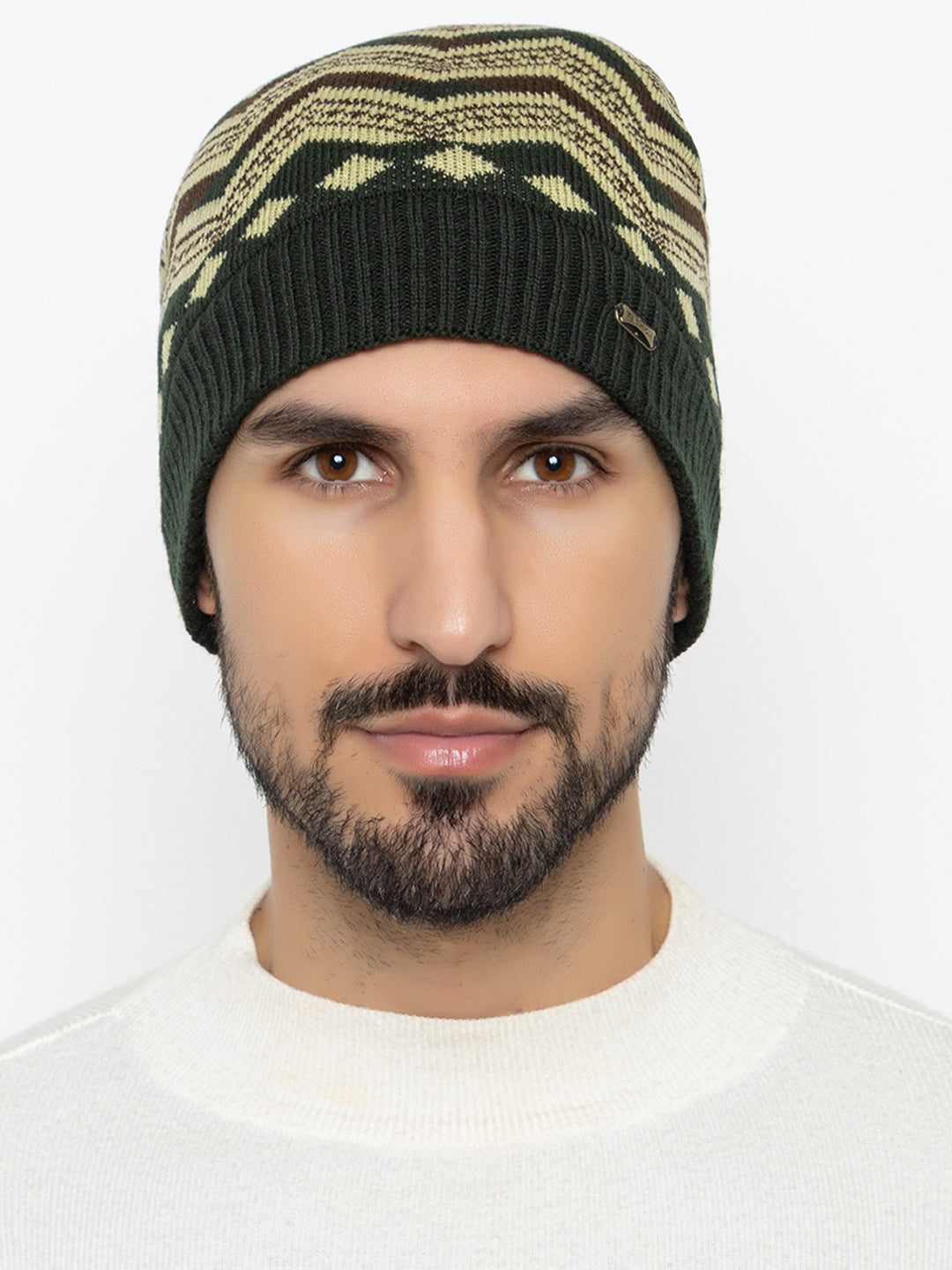 Unisex Winter Woolen Zig-zag Beanie cap- Olive