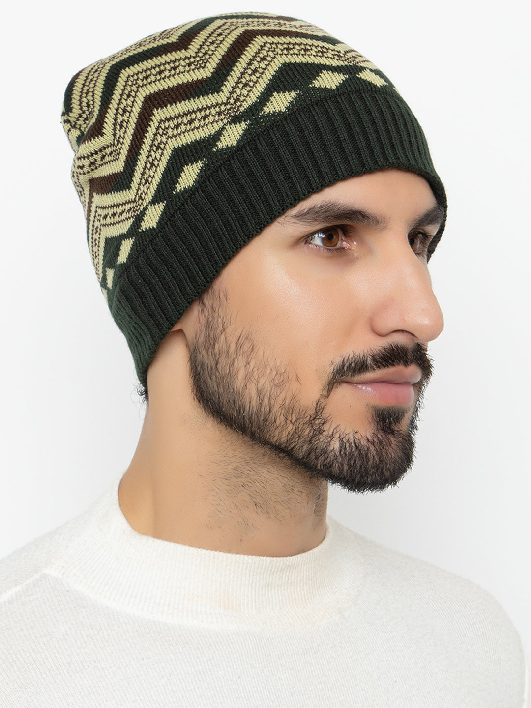 Unisex Winter Woolen Zig-zag Beanie cap- Olive