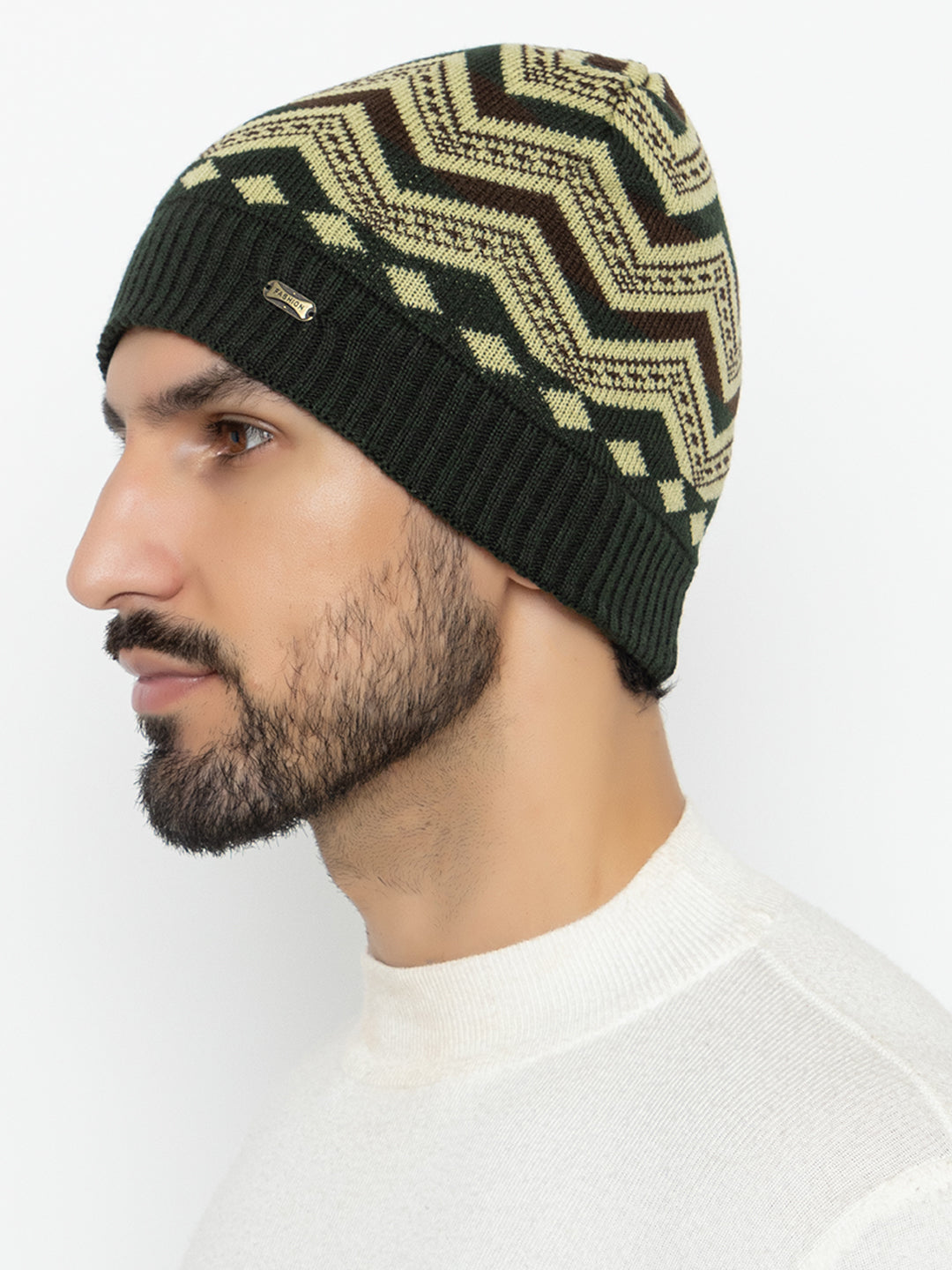 Unisex Winter Woolen Zig-zag Beanie cap- Olive