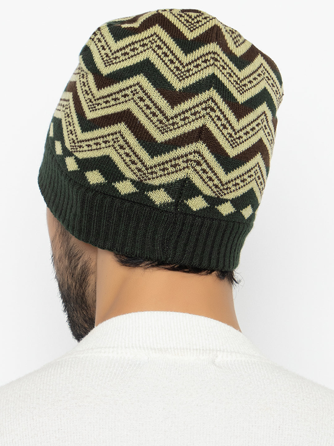 Unisex Winter Woolen Zig-zag Beanie cap- Olive