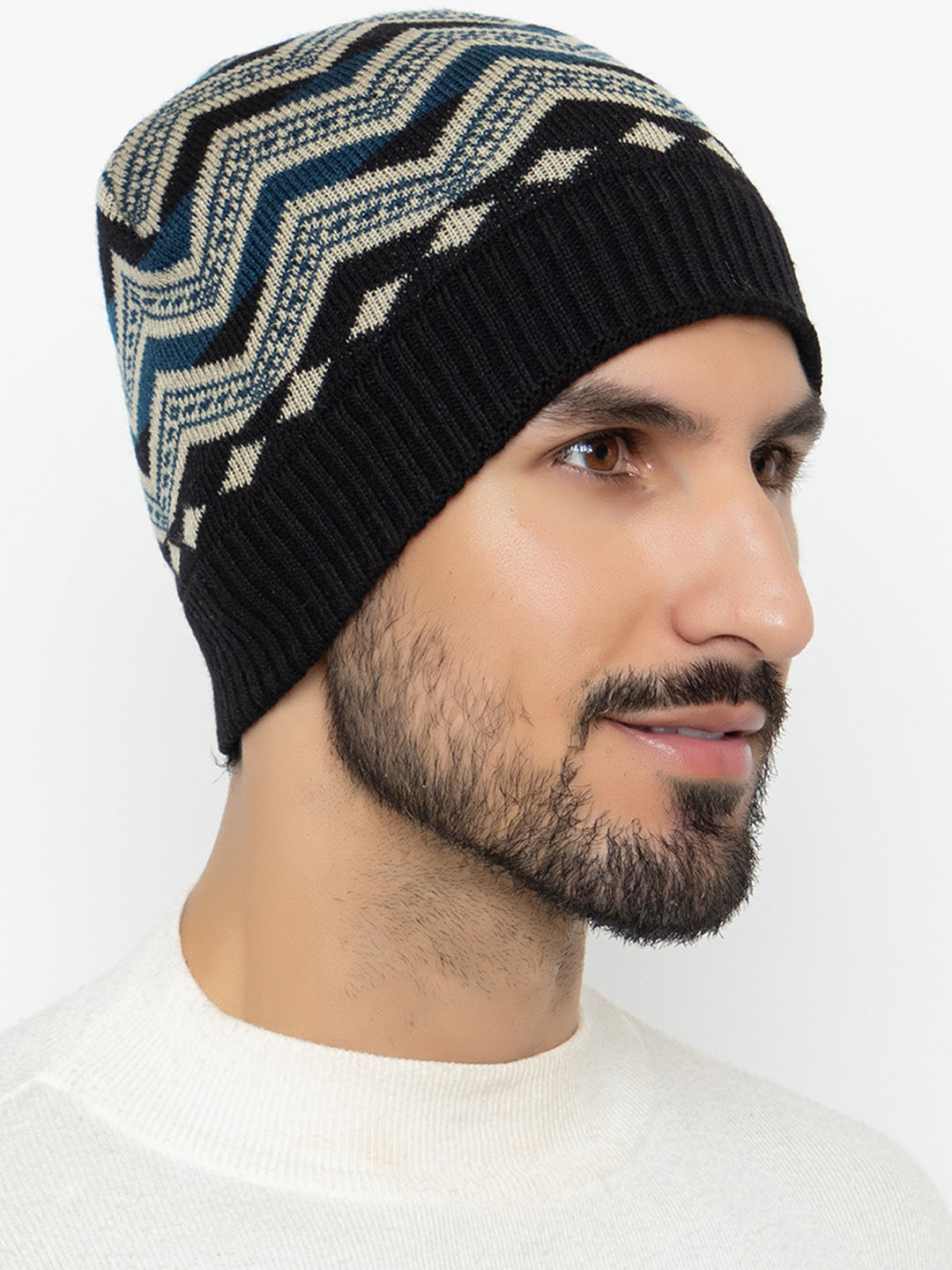 Unisex Winter Woolen Zig-zag Beanie cap- Black