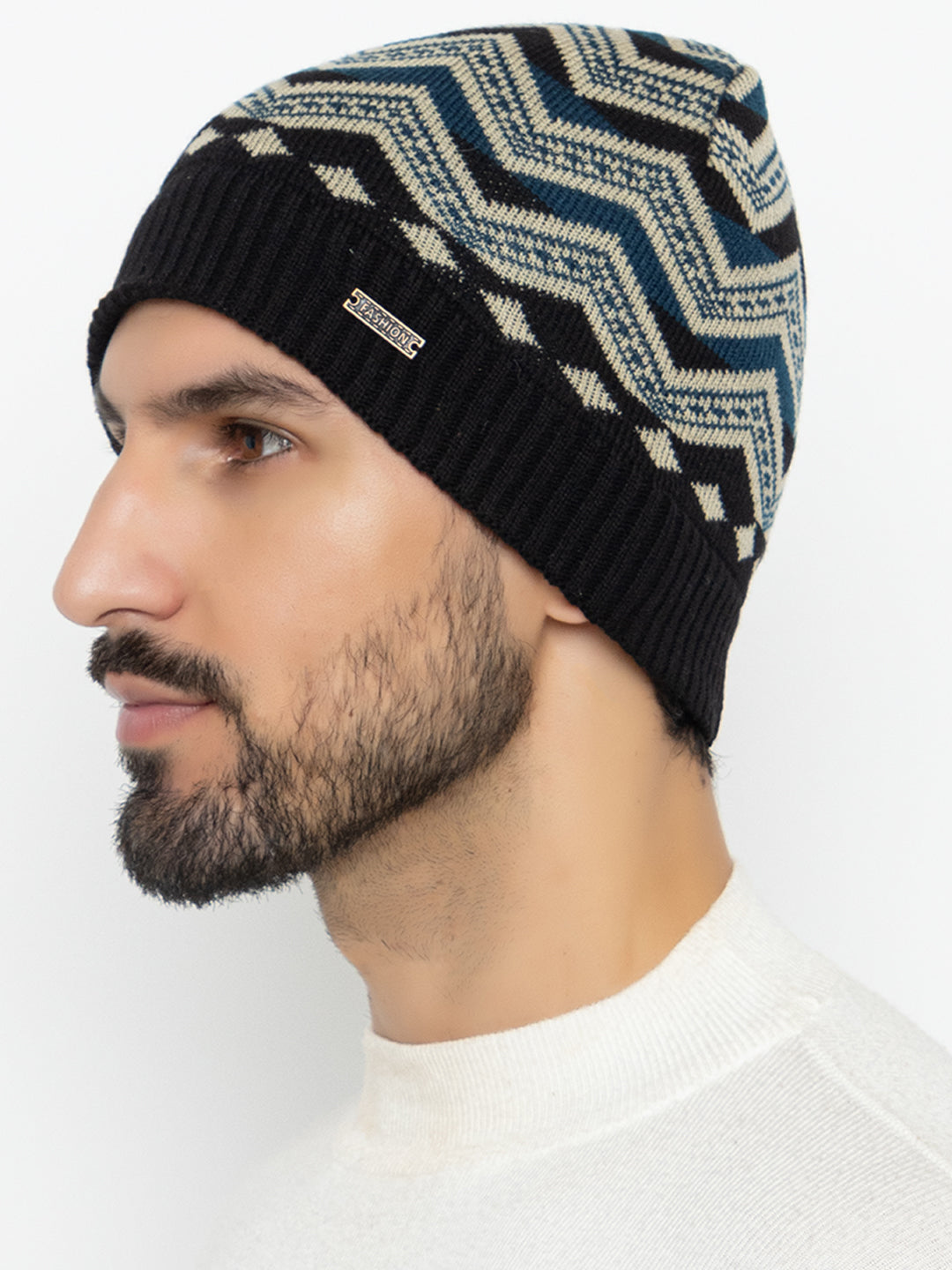 Unisex Winter Woolen Zig-zag Beanie cap- Black