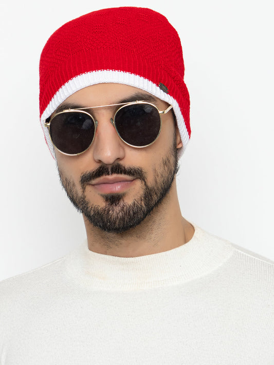 Unisex Woolen Fur Lining Beanie Cap- Red | Amoldo