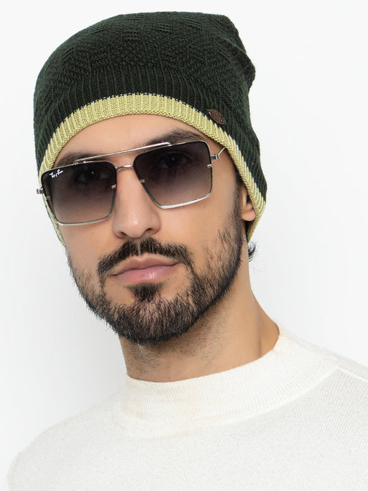 Unisex Woolen Fur Lining Beanie Cap- Olive | Amoldo