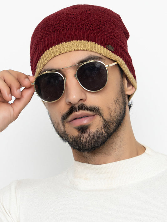 Unisex Woolen Fur Lining Beanie Cap- Maroon | Amoldo