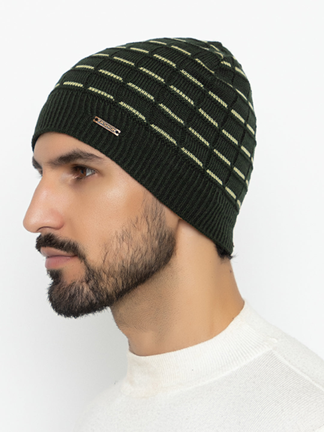 Amoldo unisex Soft and Warm Olive Winter Woolen Skull Beanie cap with Fur Lining (Brick Design)