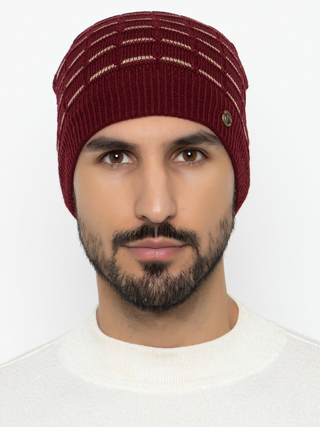 Amoldo unisex Soft and Warm Maroon Winter Woolen Skull Beanie cap with Fur Lining (Brick Design)