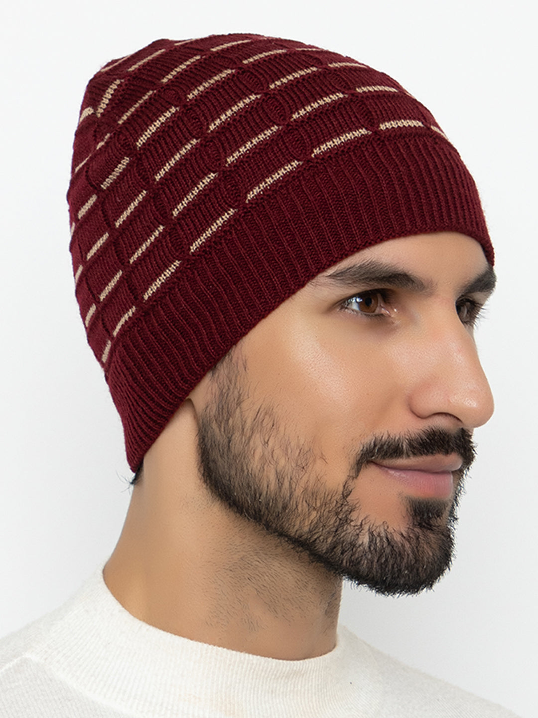 Amoldo unisex Soft and Warm Maroon Winter Woolen Skull Beanie cap with Fur Lining (Brick Design)