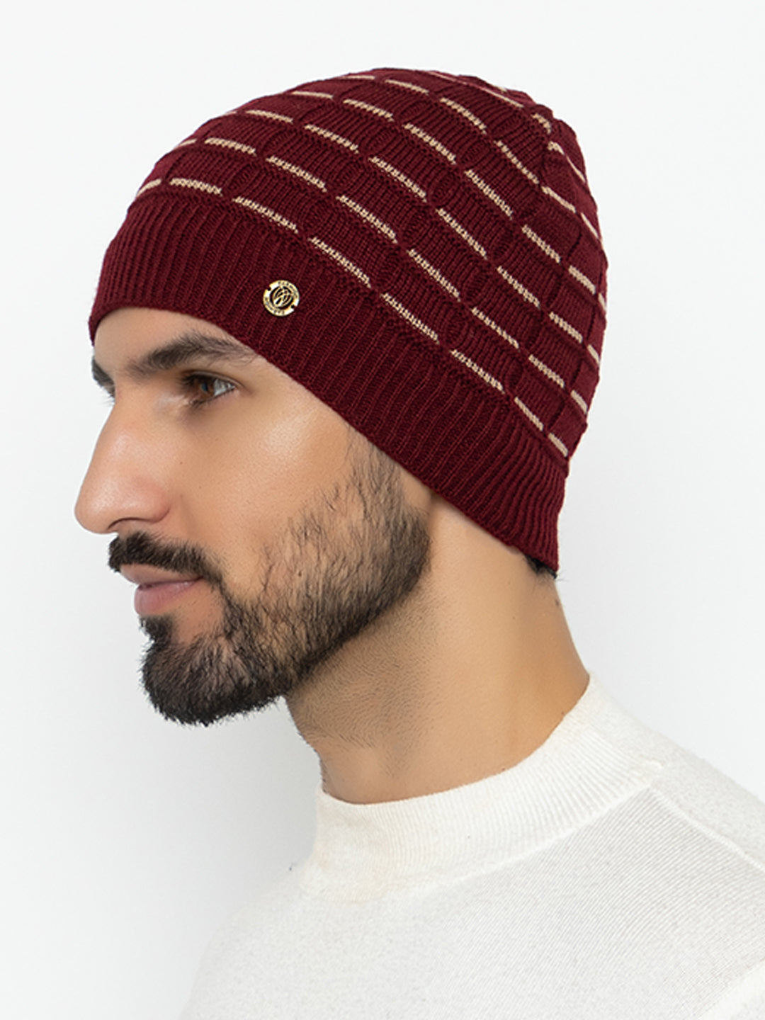 Amoldo unisex Soft and Warm Maroon Winter Woolen Skull Beanie cap with Fur Lining (Brick Design)