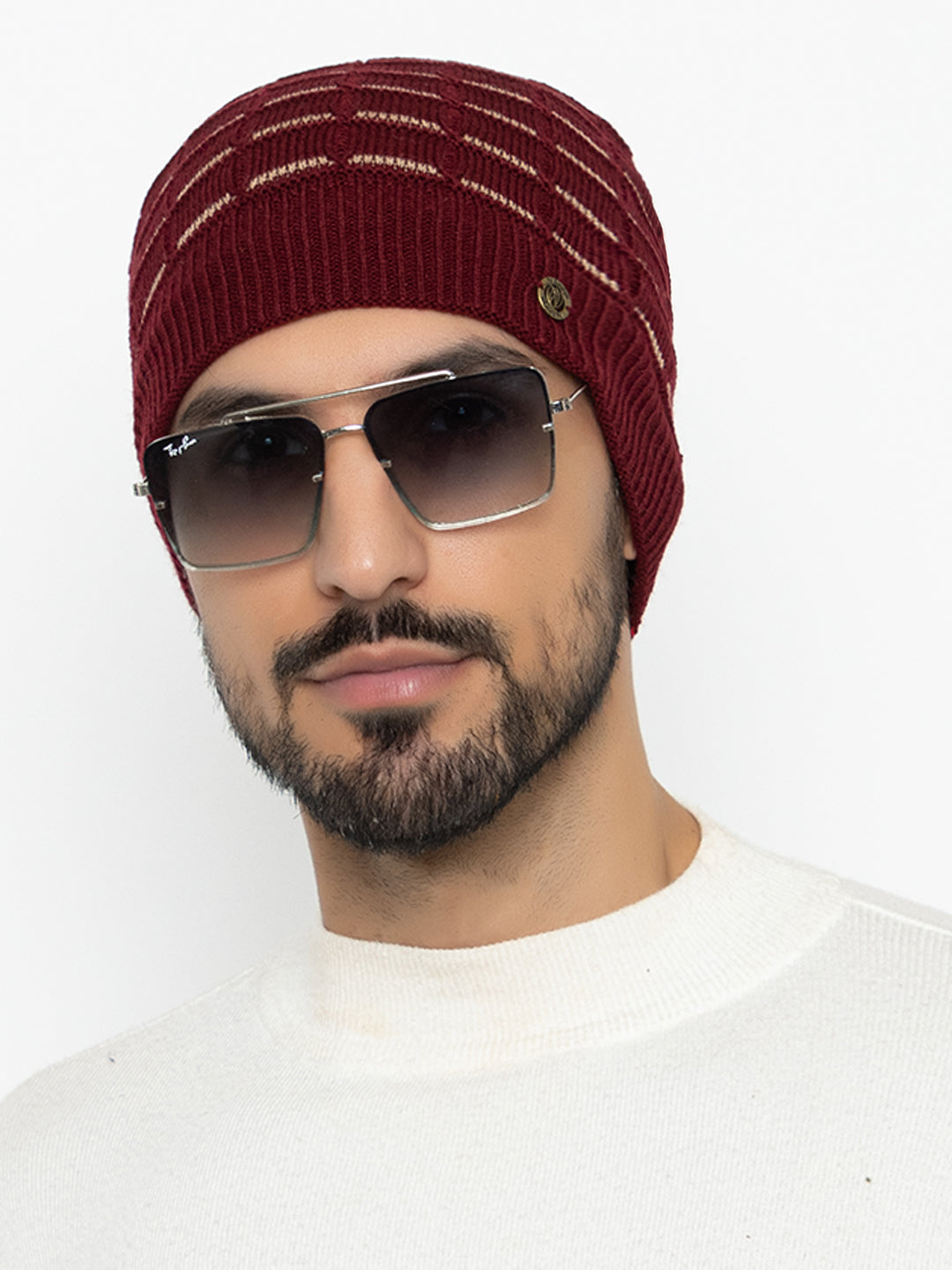 Amoldo unisex Soft and Warm Maroon Winter Woolen Skull Beanie cap with Fur Lining (Brick Design)