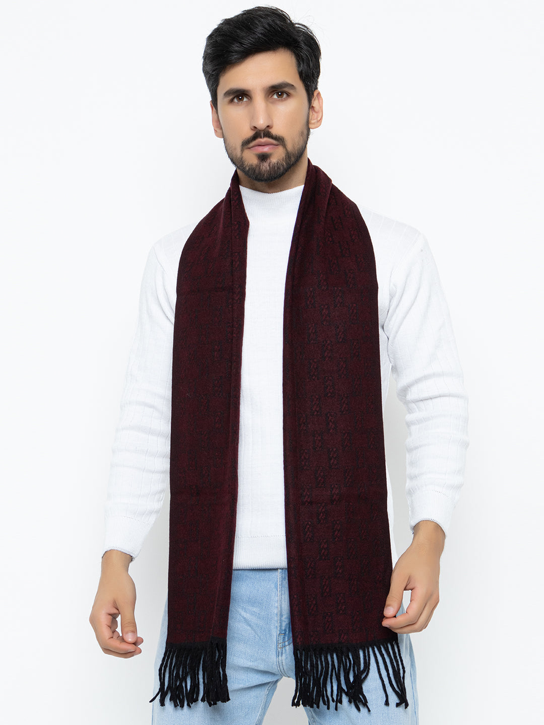 Woolen Rectangle Design Muffler- Maroon | Amoldo