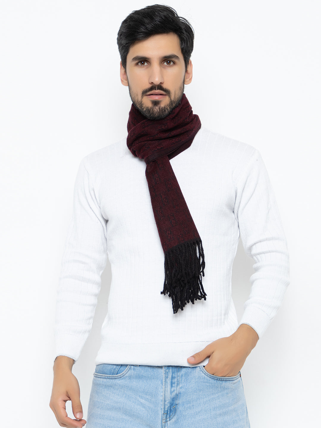 Woolen Rectangle Design Muffler- Maroon | Amoldo