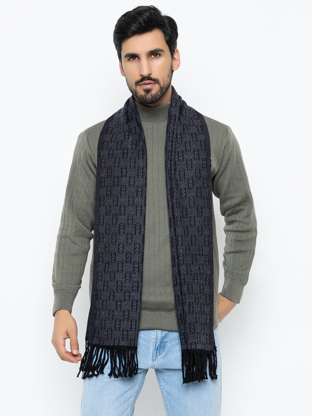 Woolen Rectangle Design Muffler- Navy | Amoldo