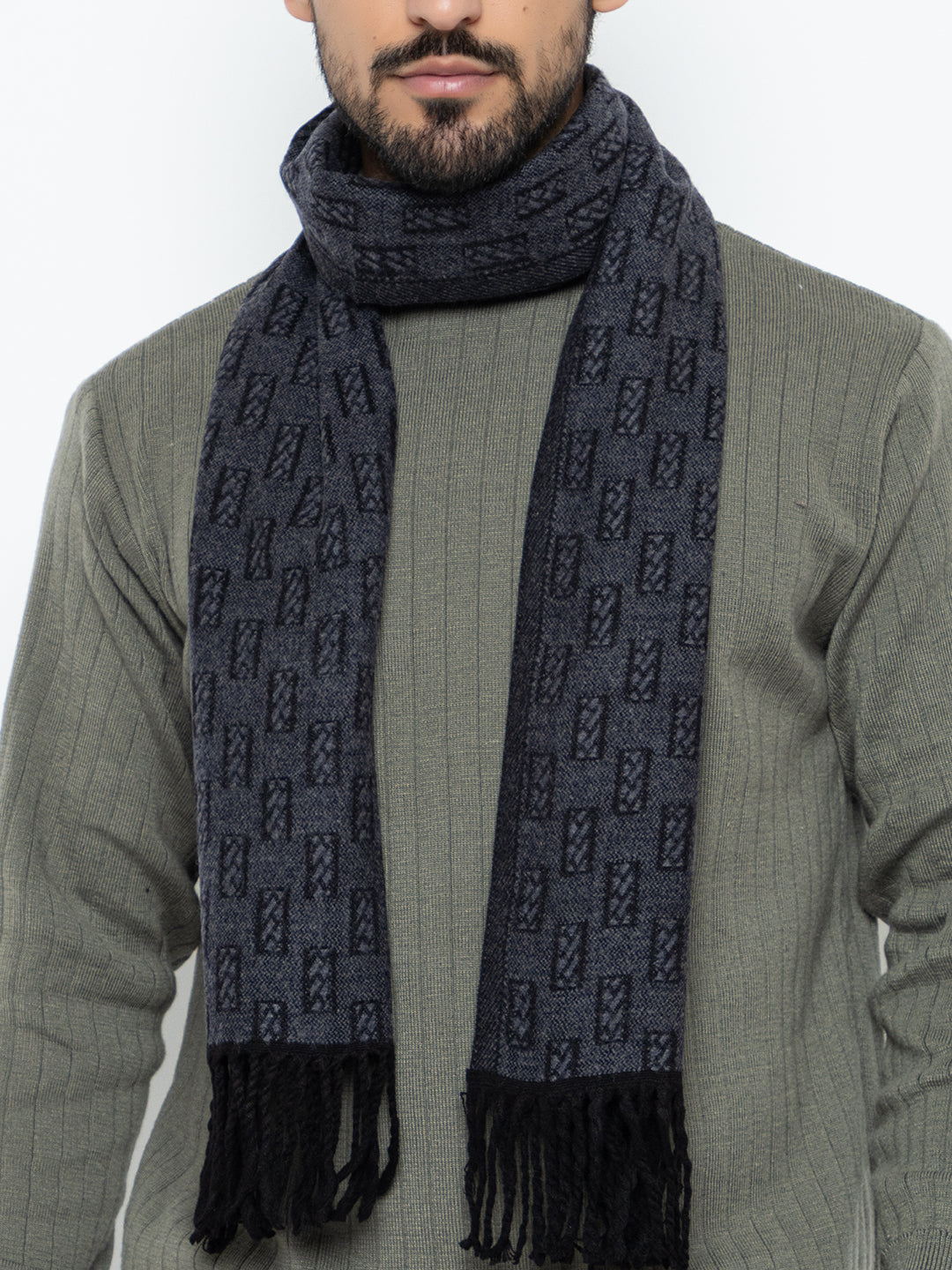 Woolen Rectangle Design Muffler- Navy | Amoldo