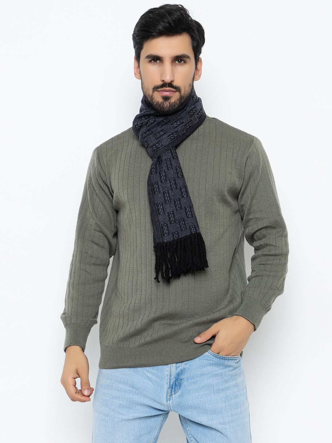 Woolen Rectangle Design Muffler- Navy | Amoldo