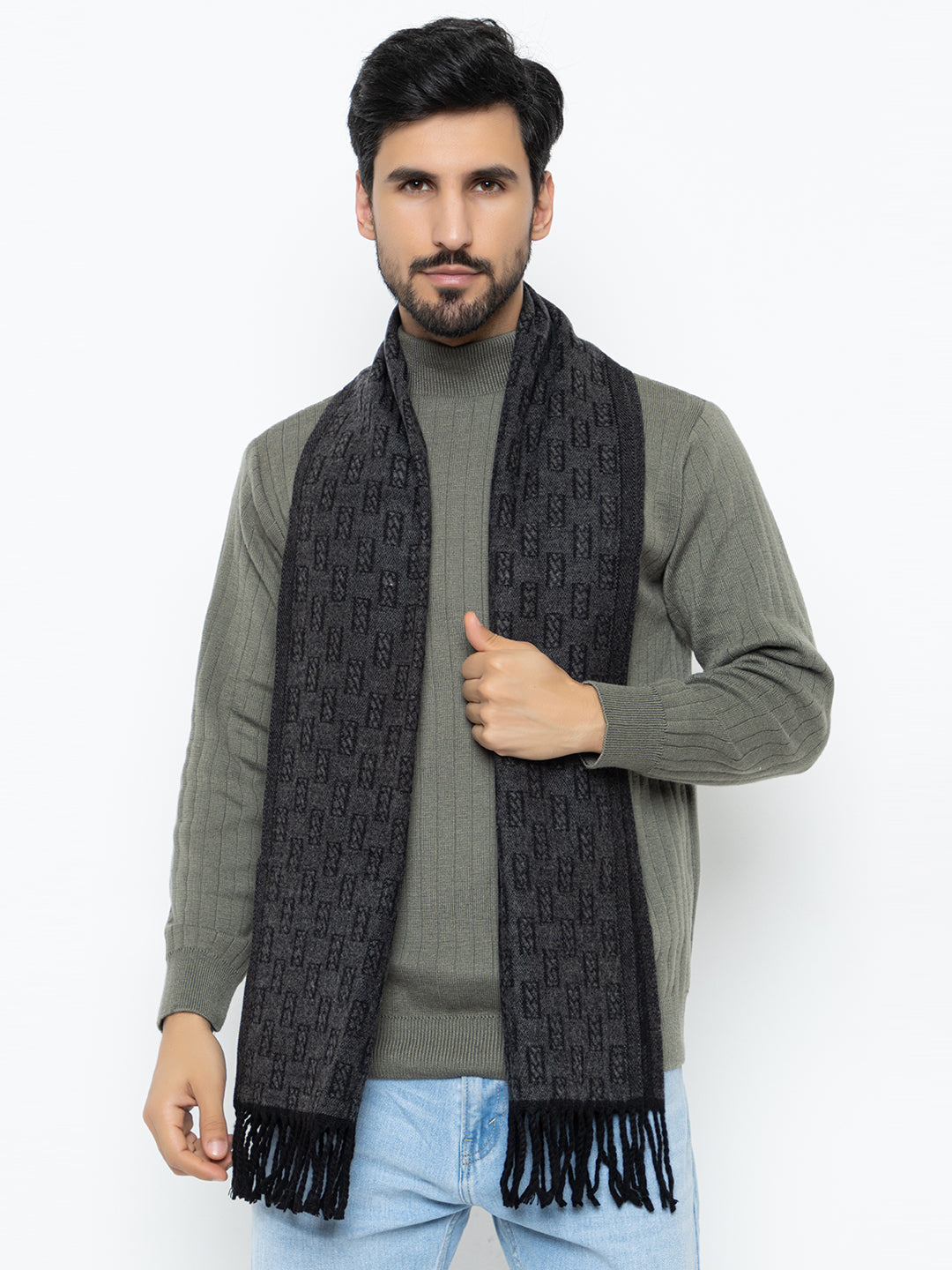 Woolen Rectangle Design Muffler- Black | Amoldo