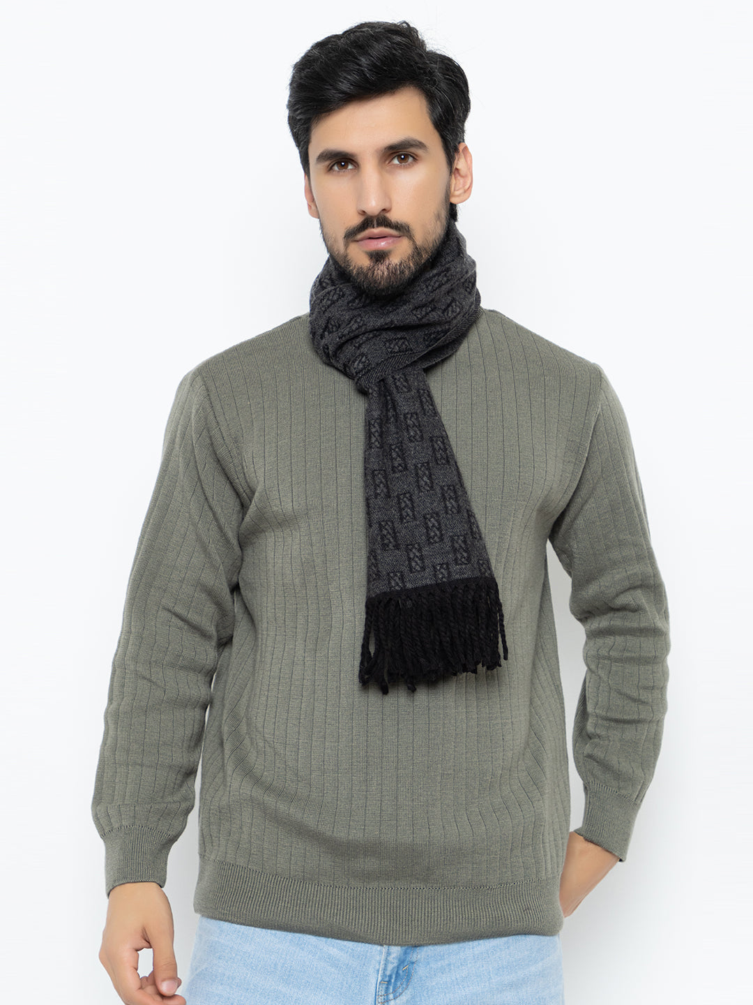 Woolen Rectangle Design Muffler- Black | Amoldo