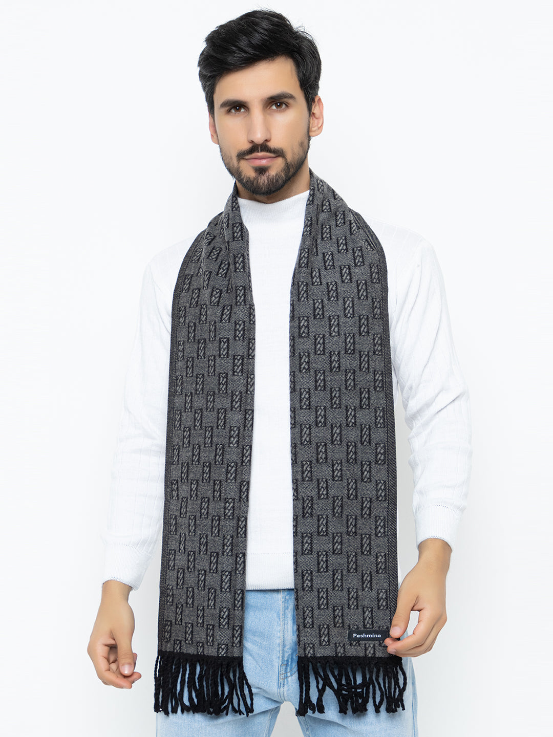 Woolen Rectangle Design Muffler- Dark Grey | Amoldo