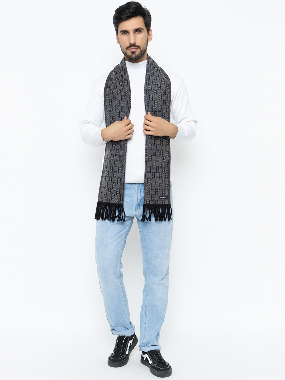 Woolen Rectangle Design Muffler- Dark Grey | Amoldo