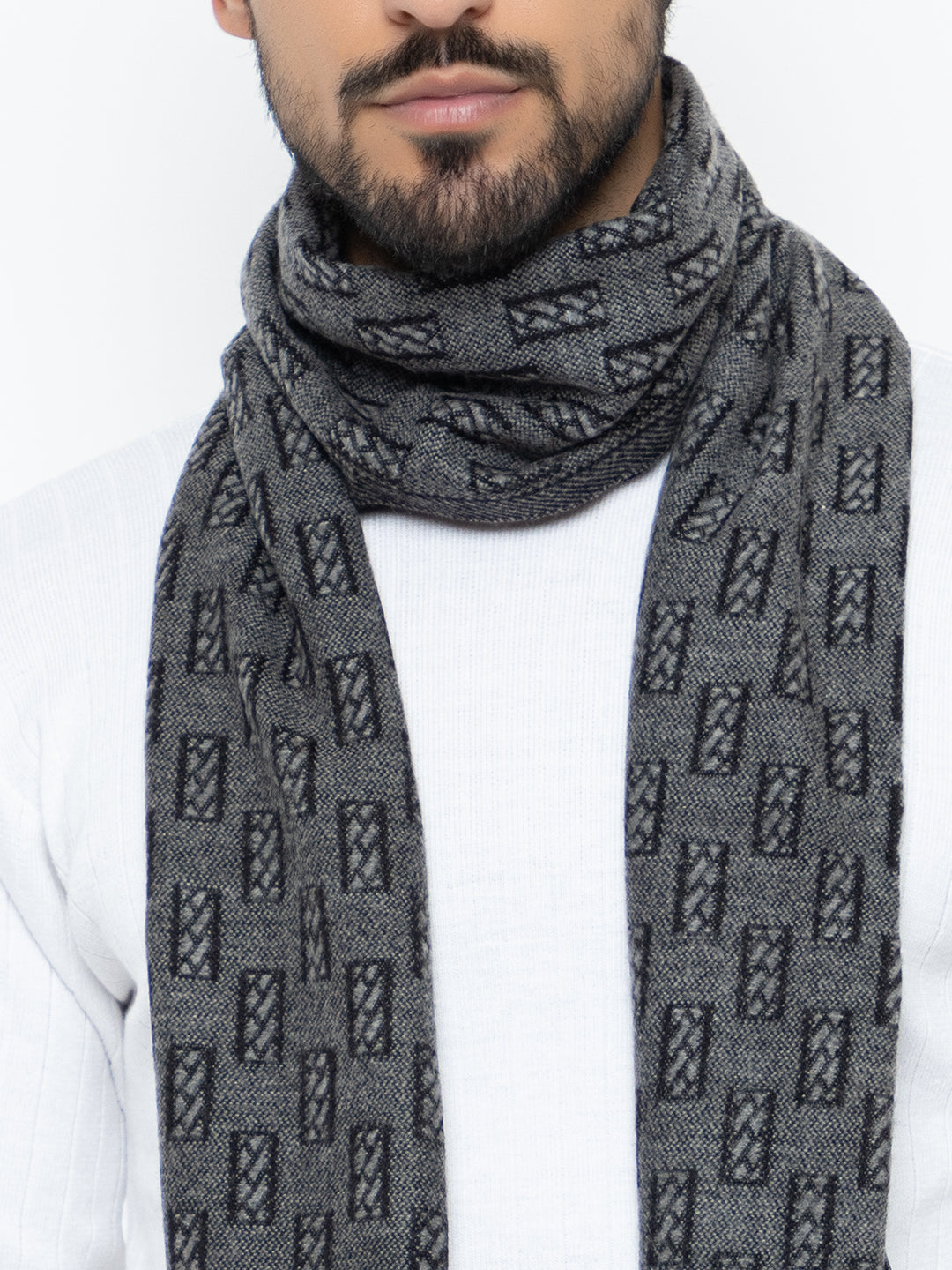 Woolen Rectangle Design Muffler- Dark Grey | Amoldo