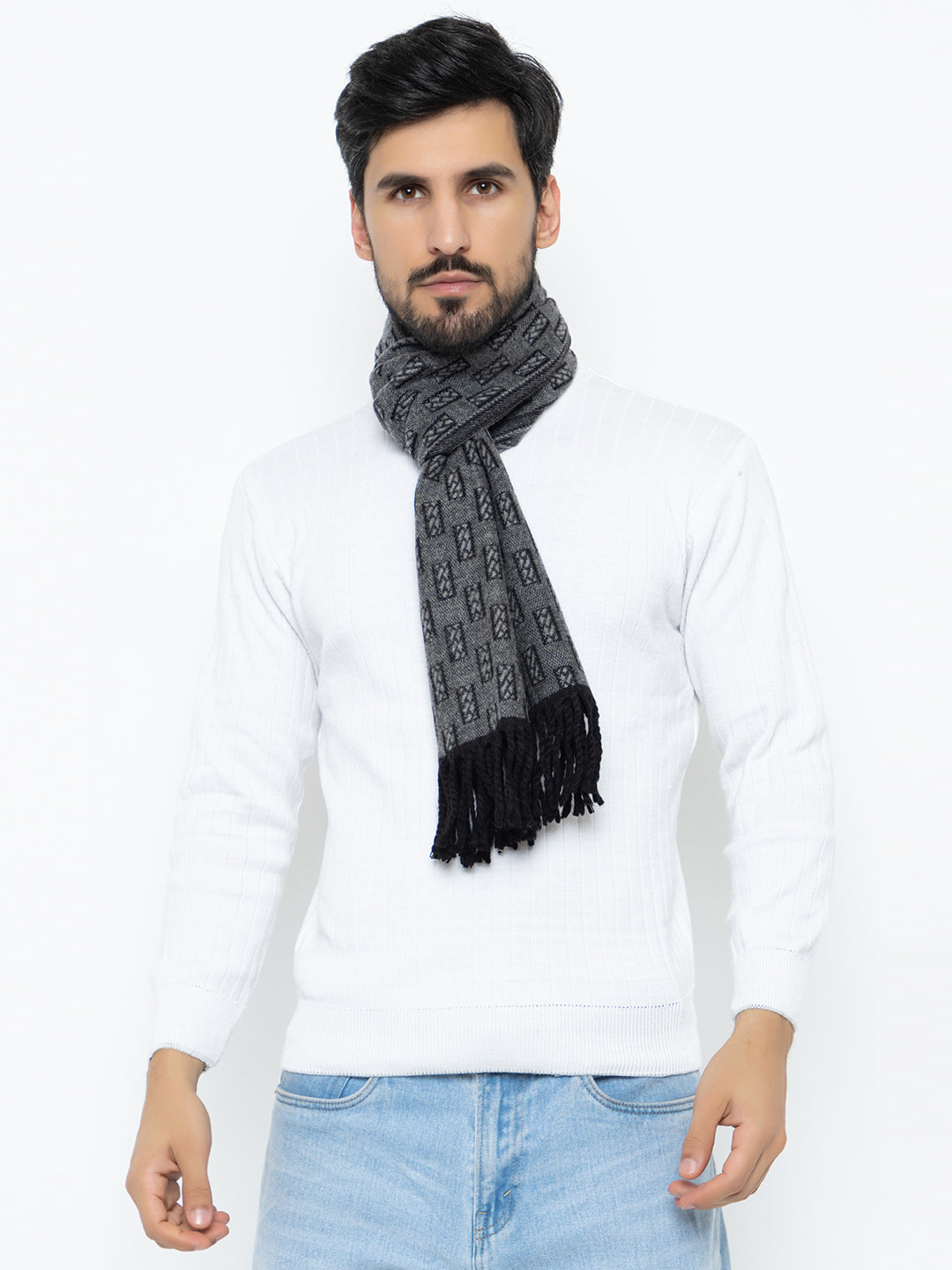 Woolen Rectangle Design Muffler- Dark Grey | Amoldo