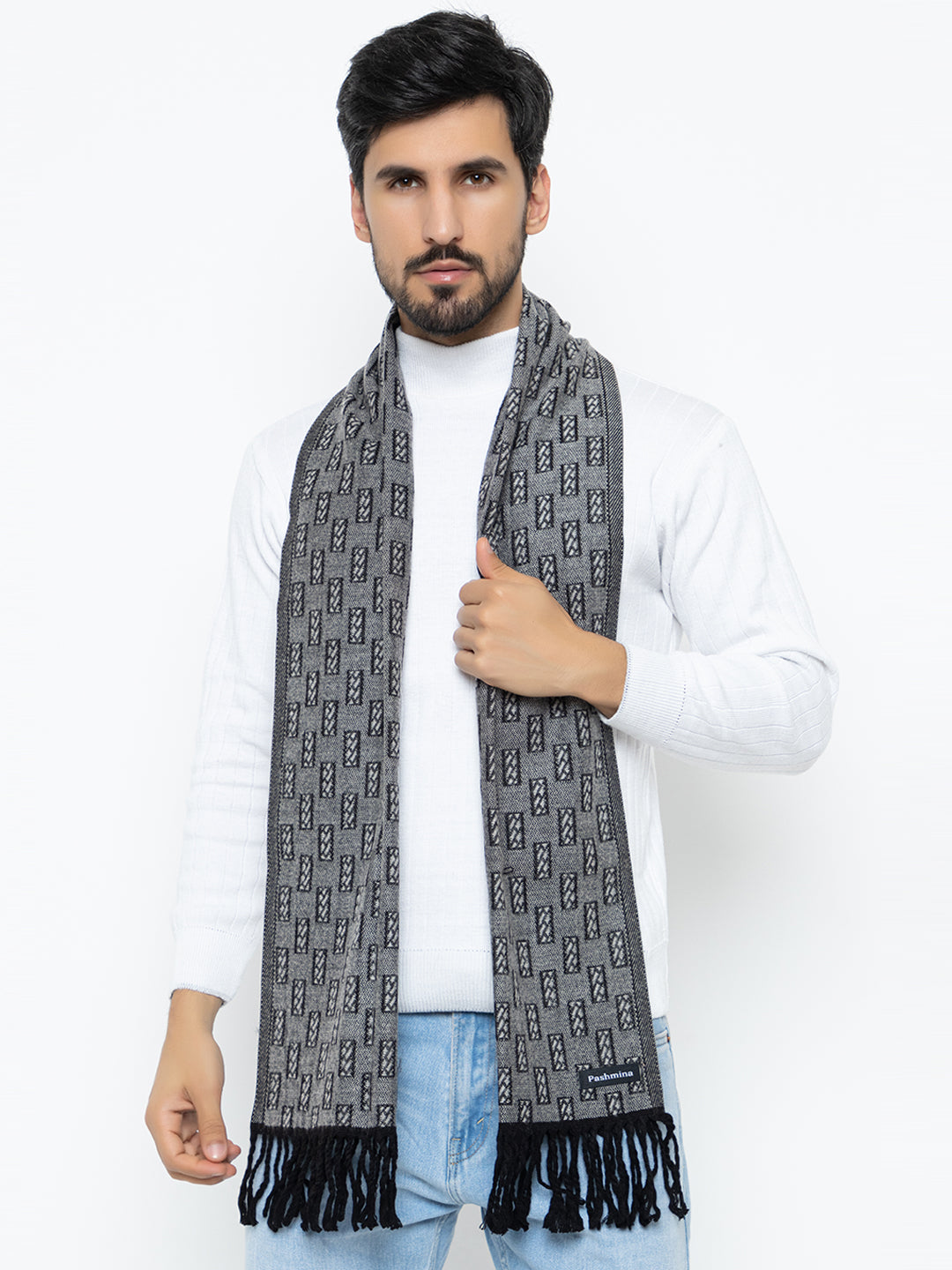 Woolen Rectangle Design Muffler- Light Grey | Amoldo