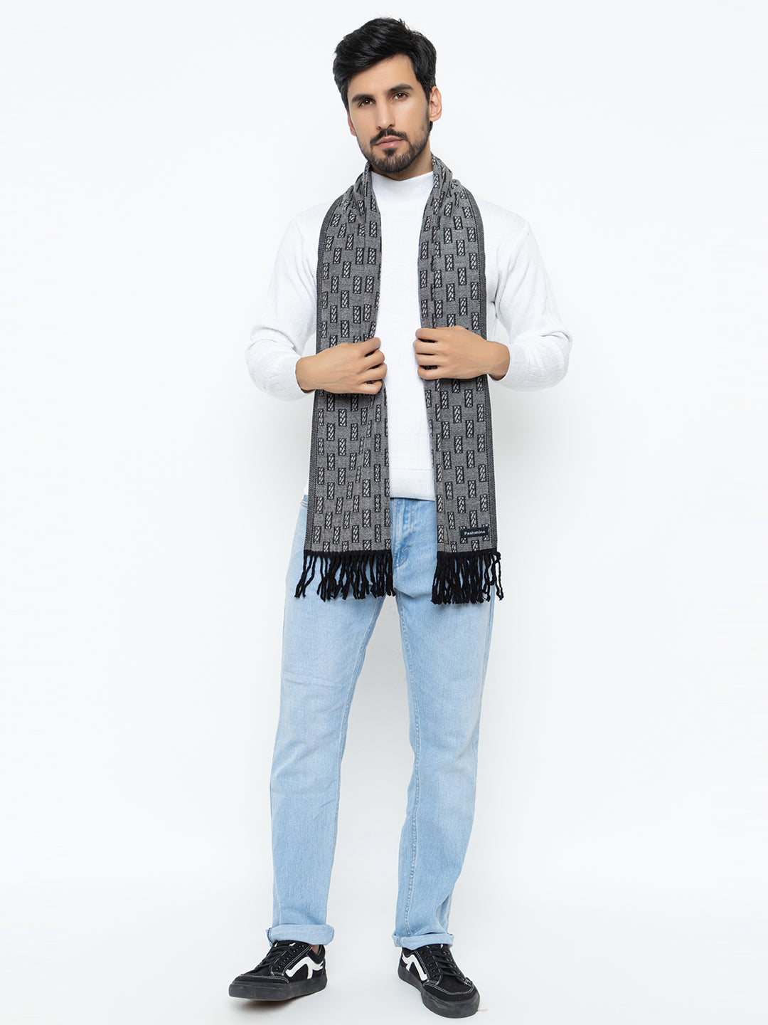 Woolen Rectangle Design Muffler- Light Grey | Amoldo