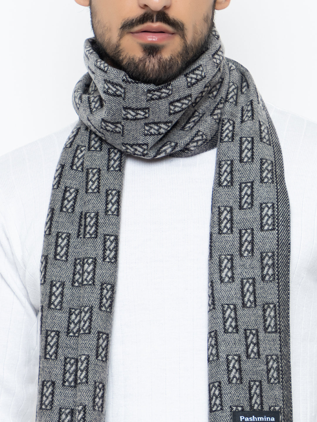 Woolen Rectangle Design Muffler- Light Grey | Amoldo