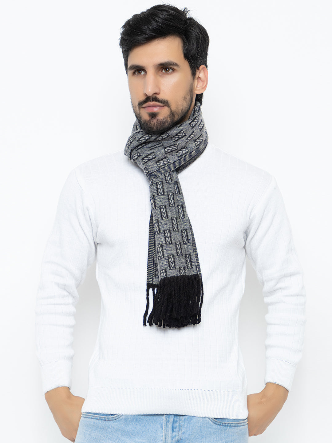 Woolen Rectangle Design Muffler- Light Grey | Amoldo