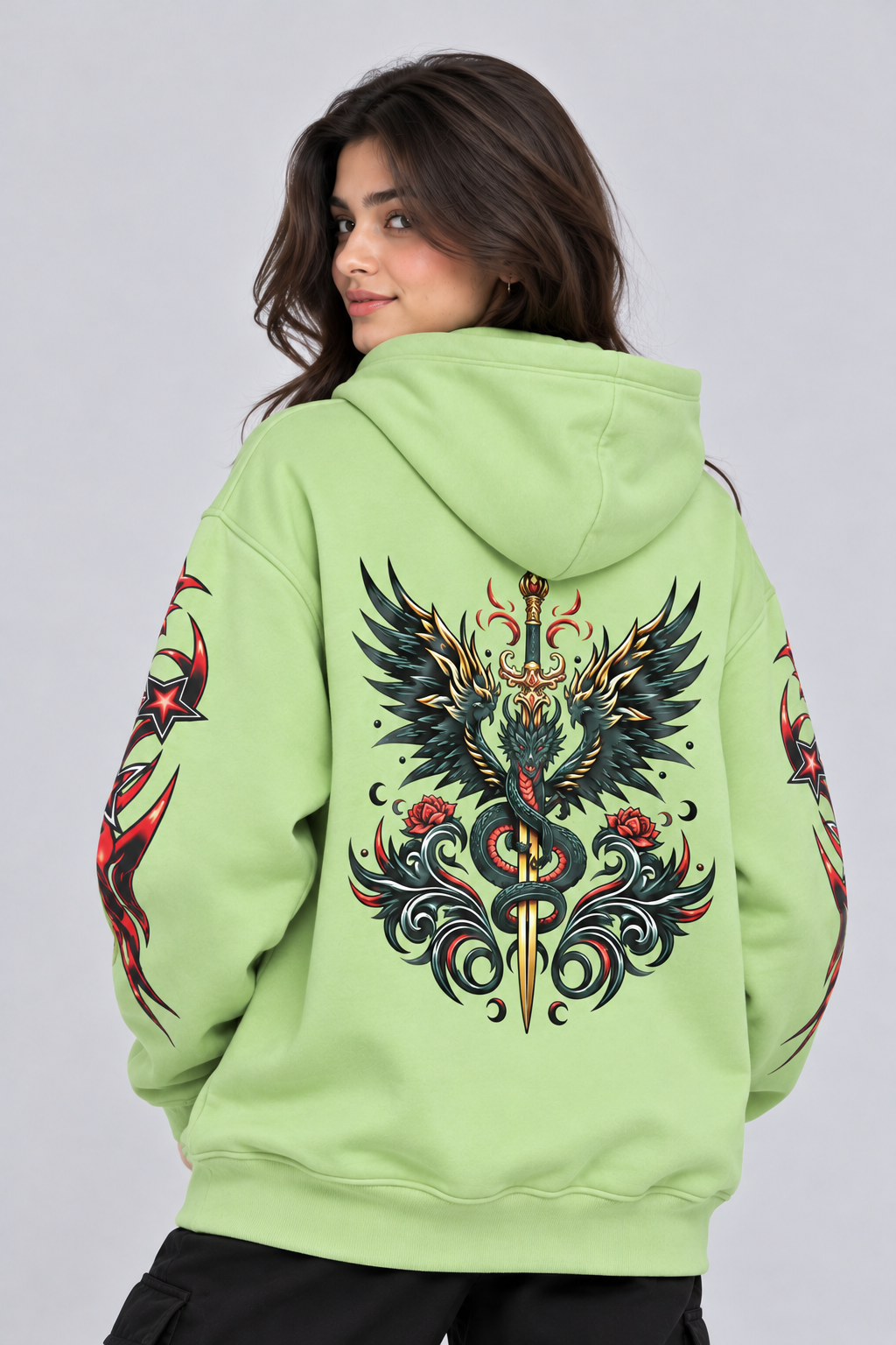 Women's Oversized Hoodie with Graphic Print | 400+GSM | Light Green