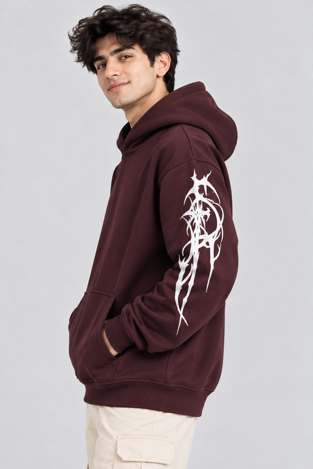 Men's Hooded Sweatshirt with White Graphic Print | 400+ GSM | Maroon