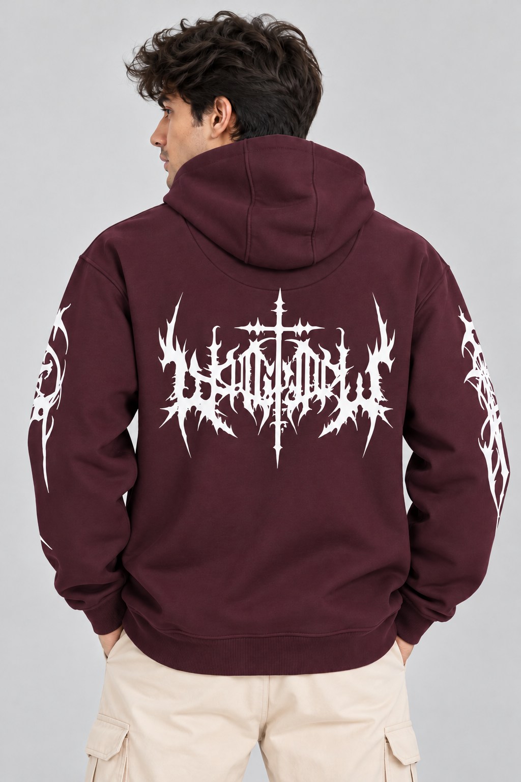Men's Hooded Sweatshirt with White Graphic Print | 400+ GSM | Maroon