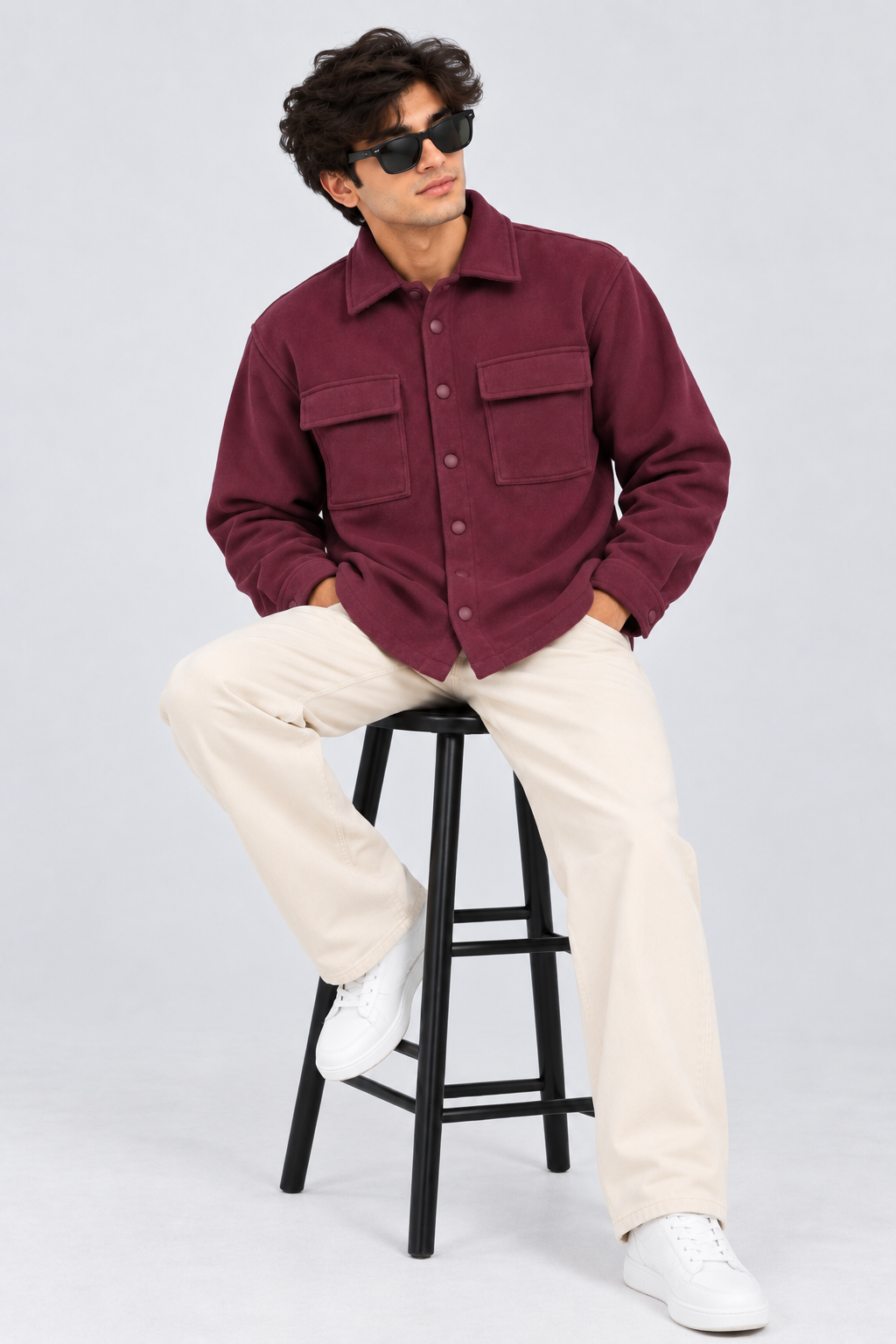AMOLDO Men's Shacket with Snap Button Closure and Dual Chest Pockets | Velvet Fleece Lined | Wine