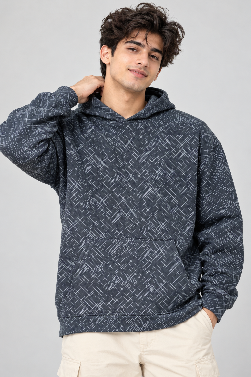 Amoldo Men's Printed Pullover Hooded Sweatshirt | 400+ GSM | Navy