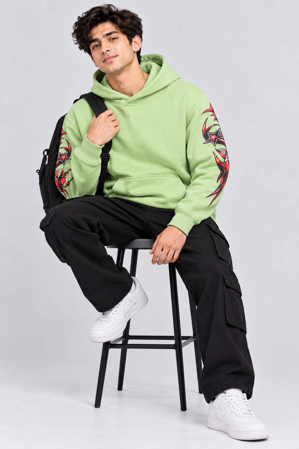 Men's Hooded Sweatshirt with White Graphic Print | 400+ GSM | Light Green