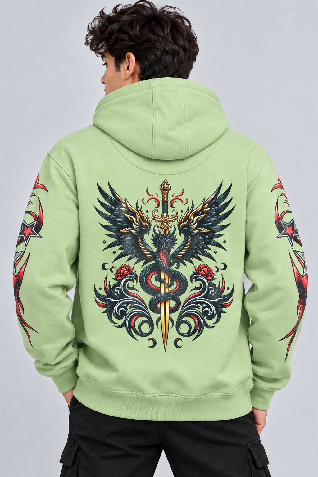 Men's Hooded Sweatshirt with White Graphic Print | 400+ GSM | Light Green