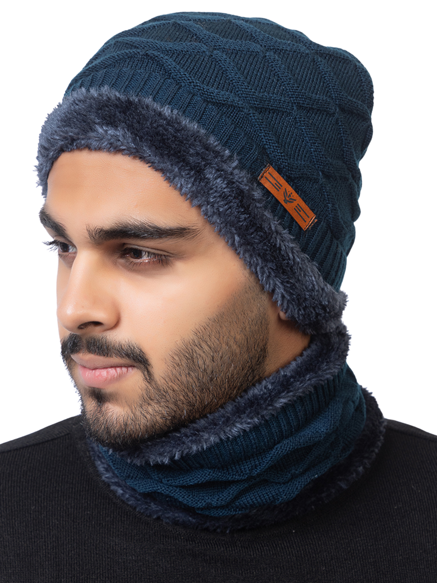 Woolen Knit Unisex Beanie Cap and Neck Warmer Set with Double Fur Lining - Navy