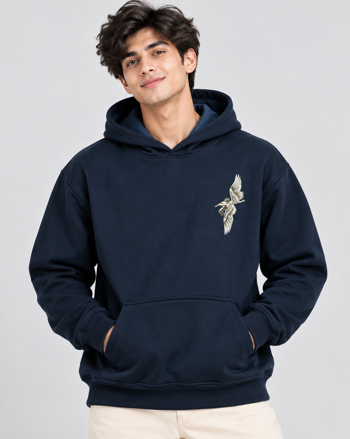 Amoldo Men's Fleece Hoodie with Graphic Print | 400+ GSM Sweatshirt | Navy