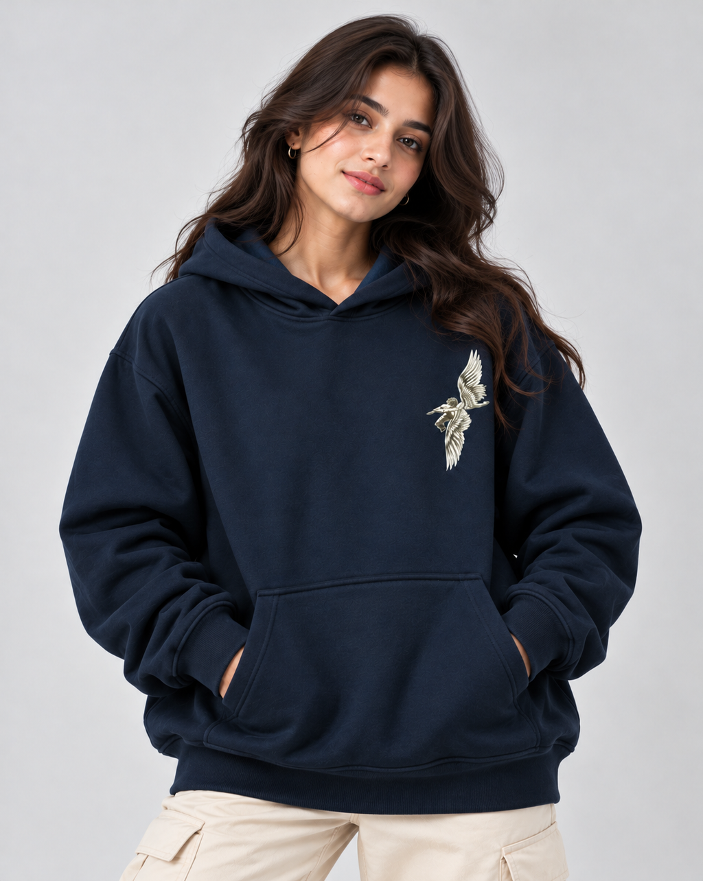 AMOLDO Women's Oversized Fleece Lined Hooded Sweatshirt | 400+ GSM | Navy