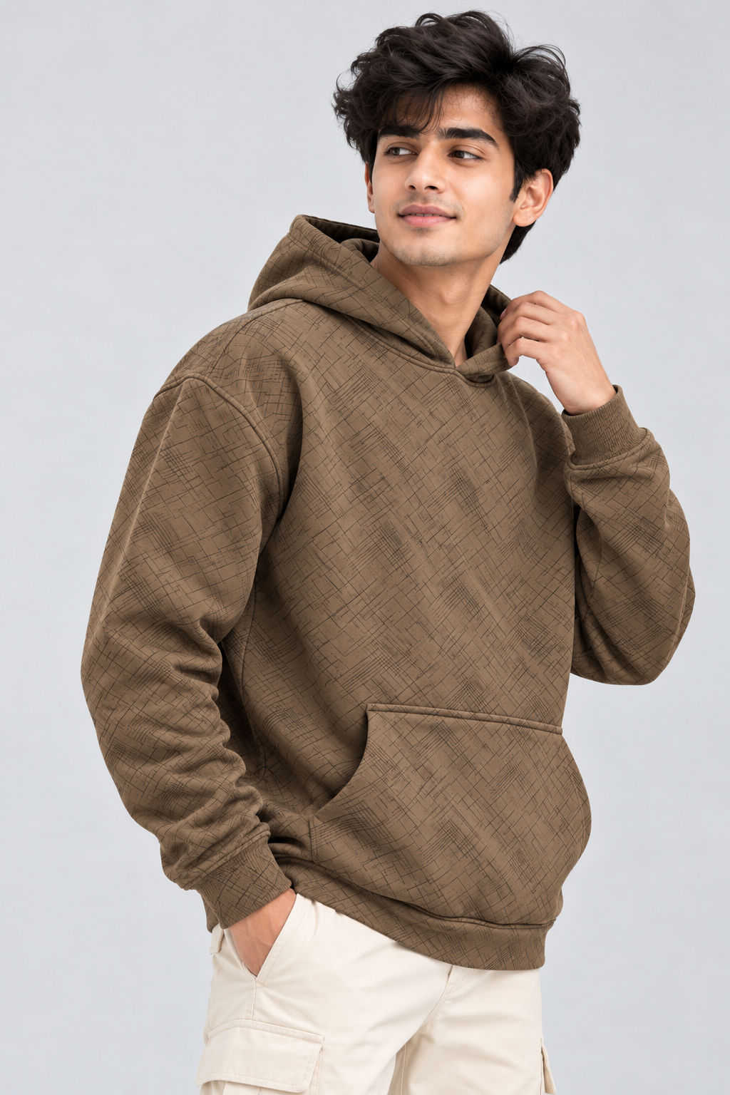 Amoldo Men's Printed Pullover Hooded Sweatshirt | 400+ GSM | Brown