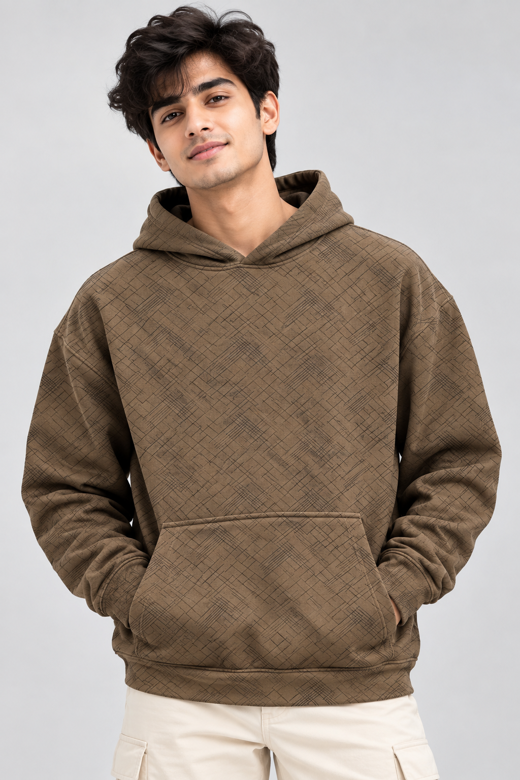 Amoldo Men's Printed Pullover Hooded Sweatshirt | 400+ GSM | Brown